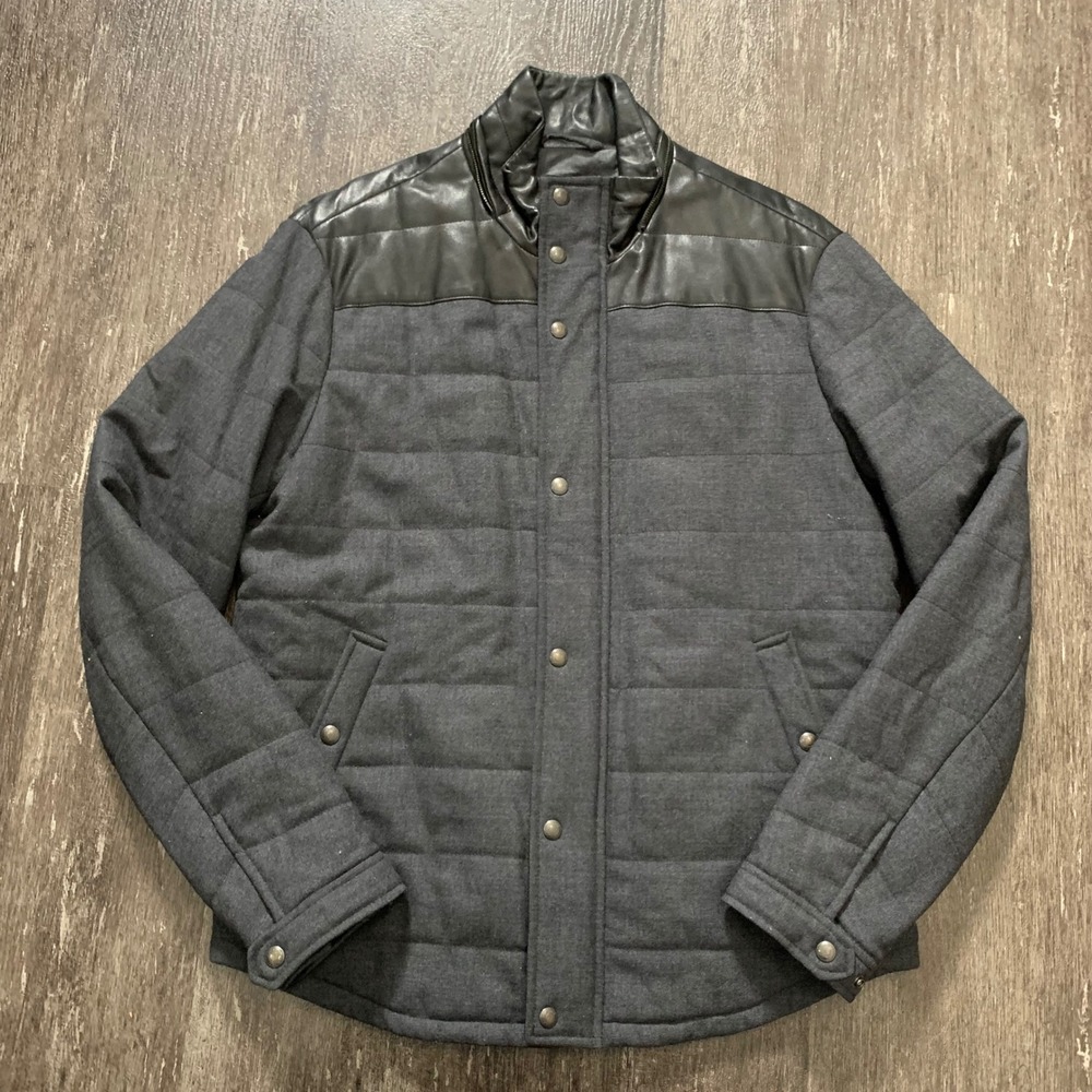 Vince Men's Charcoal Quilted Wool Blend Leather Trim Bomber Jacket Size S